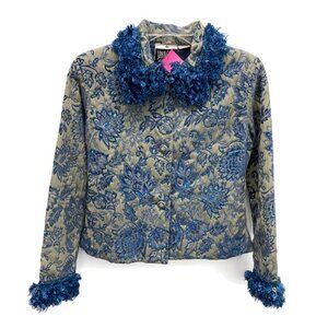 YakMagik Taupe & Blue Beaded Floral Print Jacket